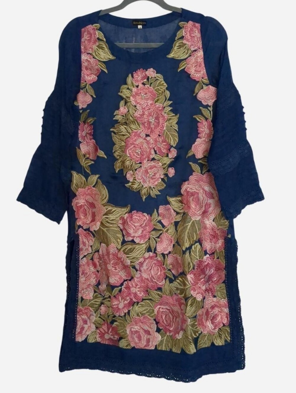Agha Noor Navy Blue Embroidered Kurta Tunic Dress Small Floral Lace Rose